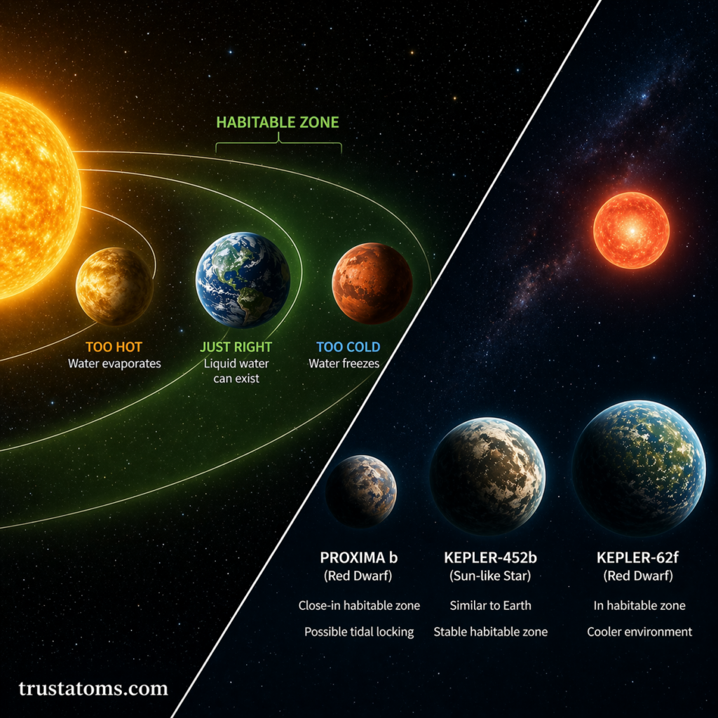 Split diagram showing habitable zone around a star on one side and examples of exoplanets around different stars on the other.