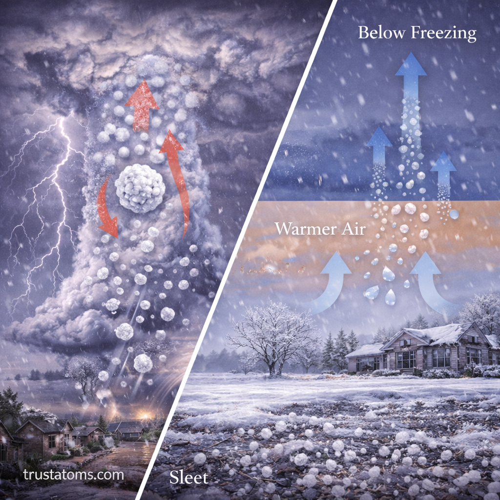 Split illustration comparing hail formation in a thunderstorm cloud with sleet formation in layered cold and warm air.