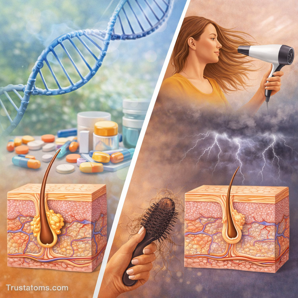 Split illustration showing healthy hair growth influenced by genetics and nutrition versus damaged hair affected by heat, stress, and environmental factors.