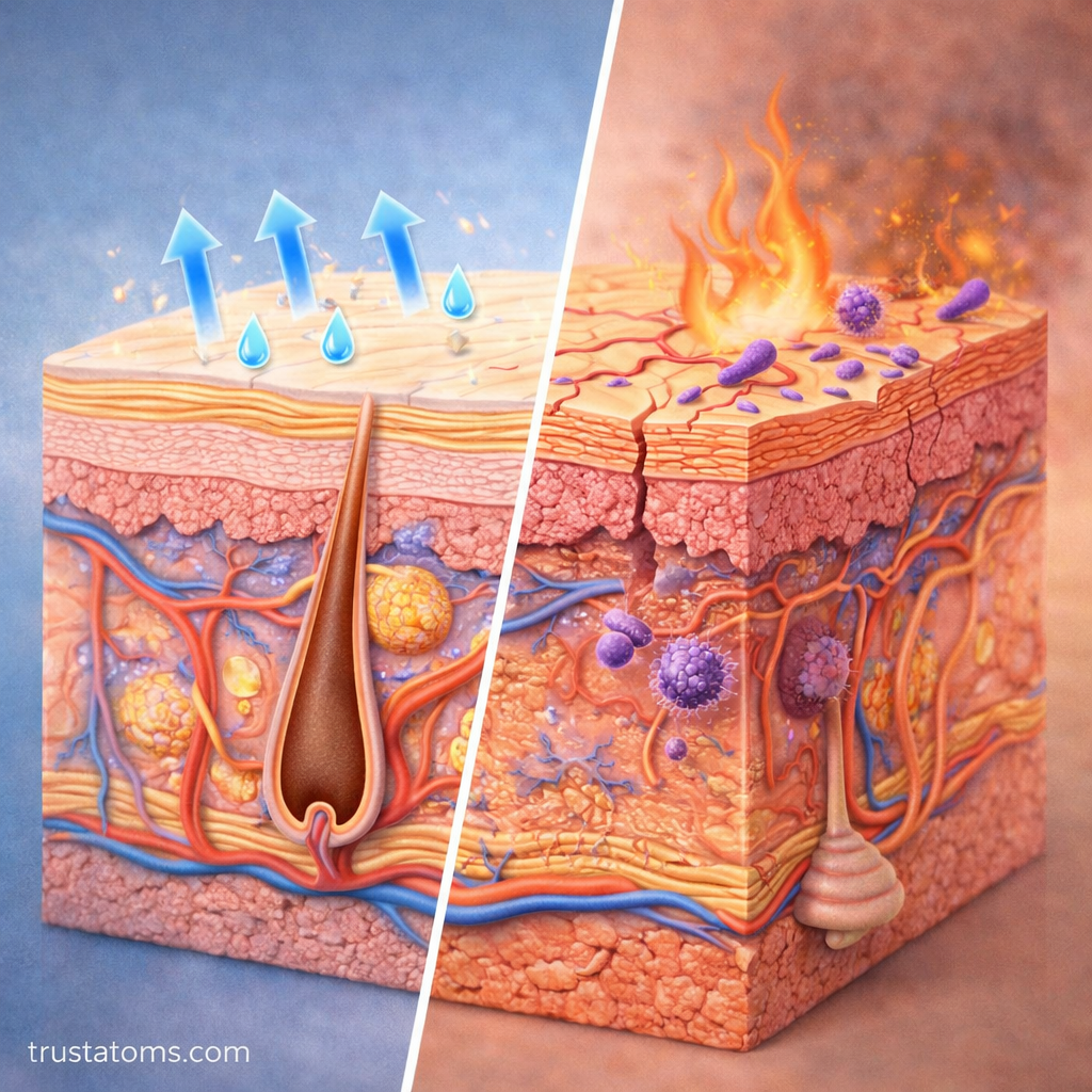 Split illustration showing healthy skin barrier retaining moisture on one side and damaged skin barrier with cracks, inflammation, and bacteria on the other.