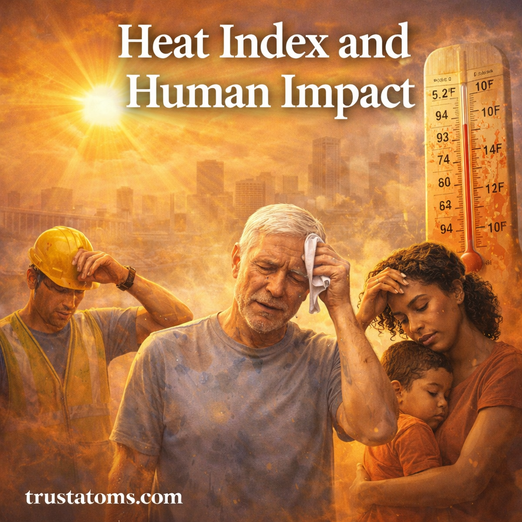 Heat index and human impact illustration showing people affected by extreme heat, including an elderly man, worker, and child under intense sun and high temperatures.