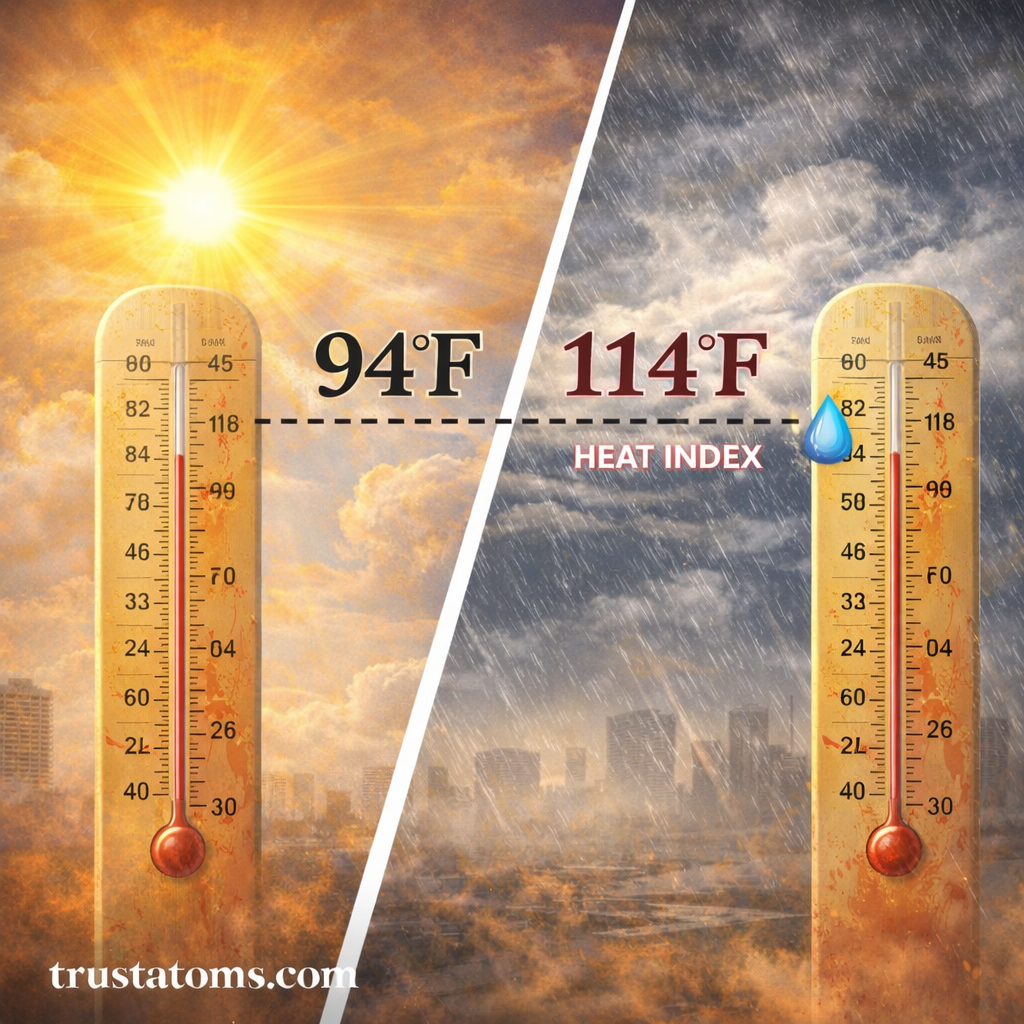 Split image comparing actual temperature and heat index, showing 94°F on a sunny side and 114°F with high humidity on the other.
