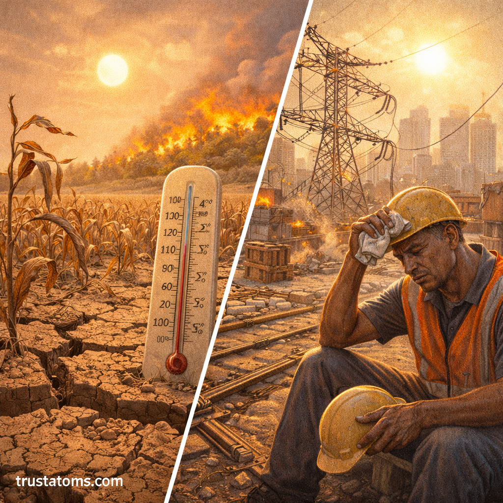 Split illustration showing extreme heat impacting dry farmland with wildfire and crops, and urban heat affecting infrastructure and outdoor workers.