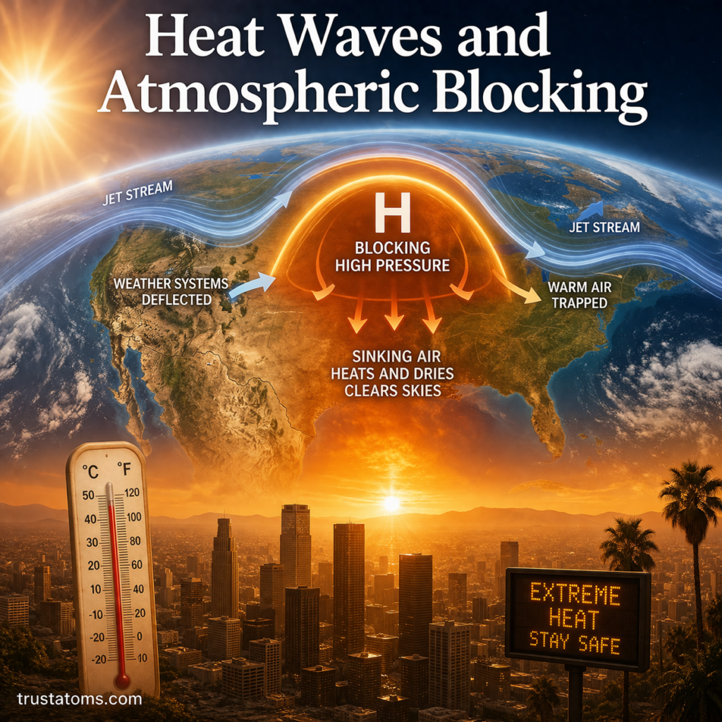 Illustration showing a heat wave caused by atmospheric blocking with a high-pressure system trapping hot air over a city.