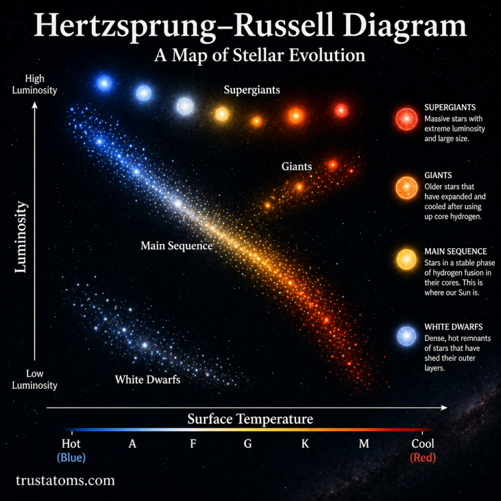 Illustration of the Hertzsprung–Russell diagram showing main sequence, giants, supergiants, and white dwarfs by luminosity and temperature.