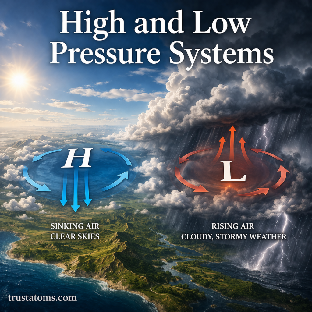 Illustration comparing high-pressure system with sinking air and clear skies and low-pressure system with rising air and stormy weather.