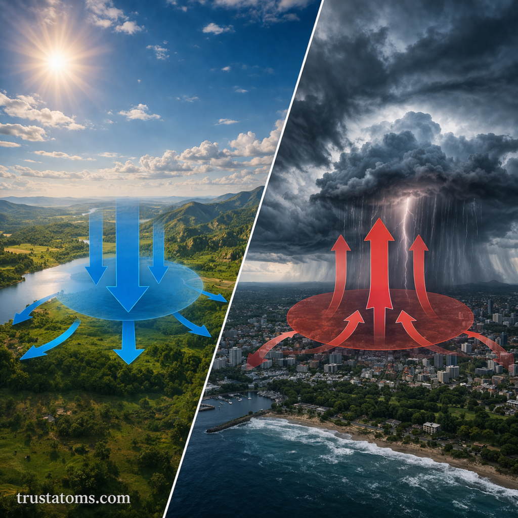 Split illustration showing high-pressure system with sinking air and outward winds and low-pressure system with rising air and inward winds over a city.