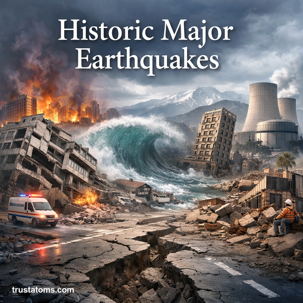 Illustration showing historic major earthquakes with collapsing buildings, tsunami wave, and disaster scenes.