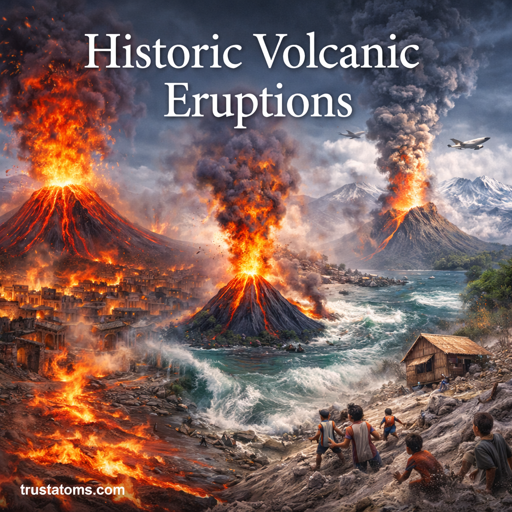 Illustration of historic volcanic eruptions with erupting volcanoes, lava flows, ash clouds, and coastal impact scenes.