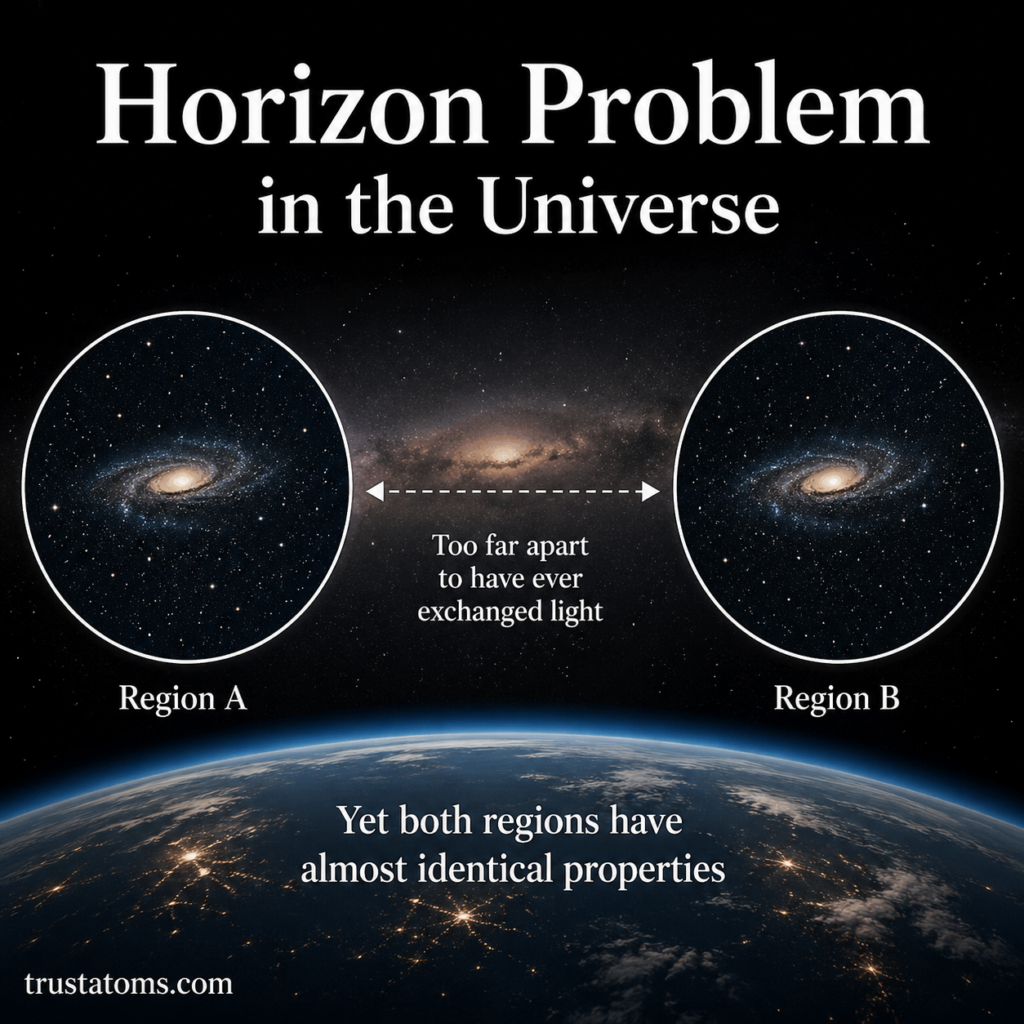Simple diagram illustrating the horizon problem in the universe showing two distant regions with identical properties despite being unable to exchange light.