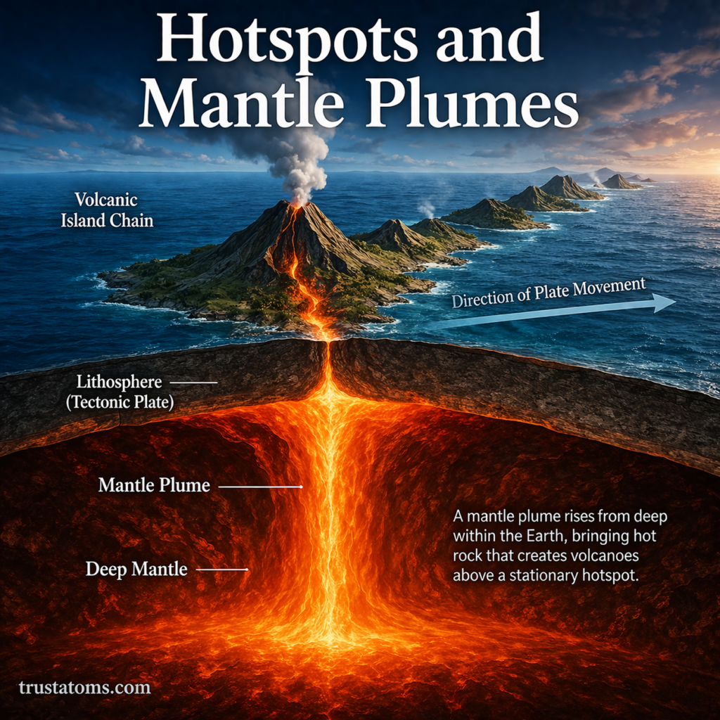 Illustration showing mantle plume rising beneath a tectonic plate forming a hotspot and volcanic island chain.