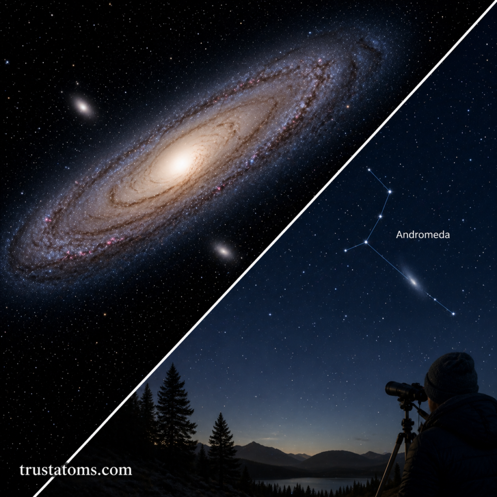 Split illustration showing the Andromeda Galaxy on one side and a stargazer using a telescope under a night sky with the Andromeda constellation.