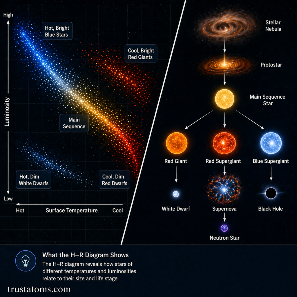 Split diagram showing Hertzsprung–Russell diagram alongside stellar evolution stages from nebula to white dwarf, neutron star, or black hole.