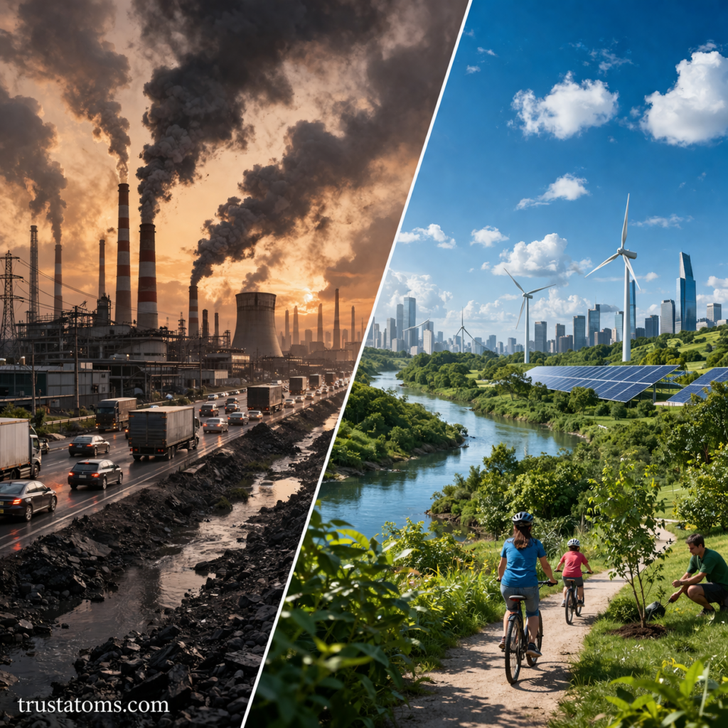 Split illustration showing polluted urban environment with traffic and emissions on one side and clean sustainable landscape with renewable energy on the other.