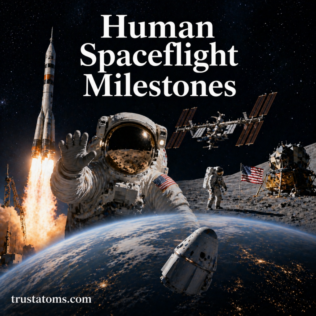 Illustration showing major human spaceflight milestones including a rocket launch, astronaut in space, Moon landing scene, and space station orbiting Earth.