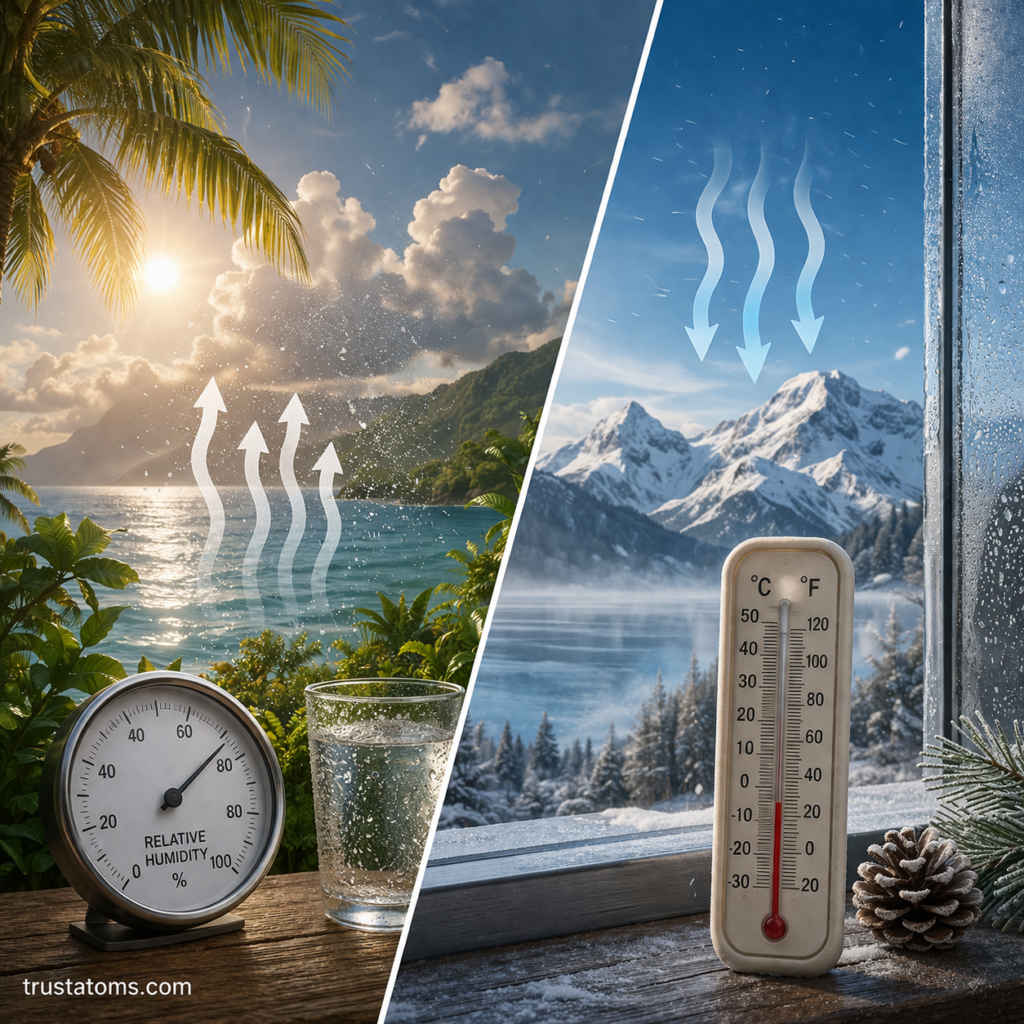 Split illustration showing high humidity in a warm tropical environment versus low humidity in a cold dry winter landscape.