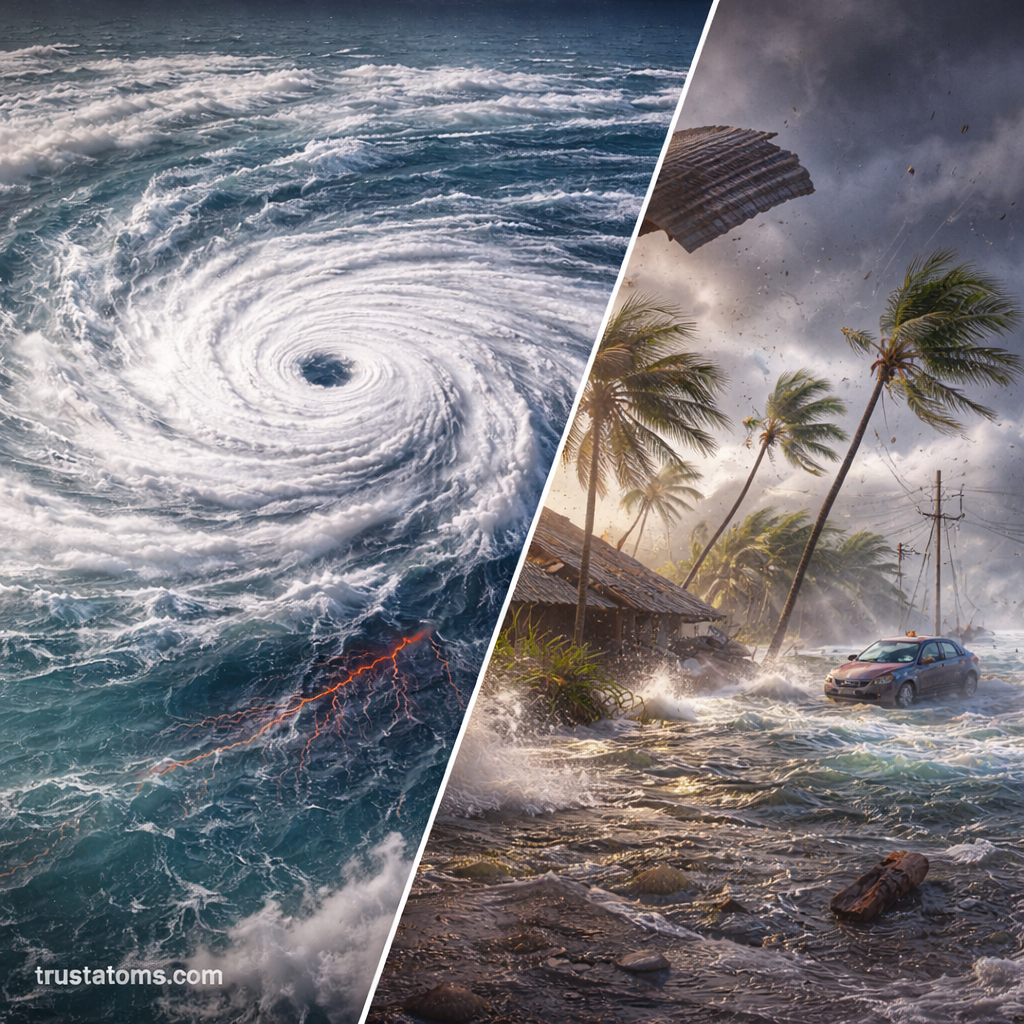 Split illustration showing a hurricane eye over the ocean and storm impact with flooding, wind damage, and debris in a coastal town.