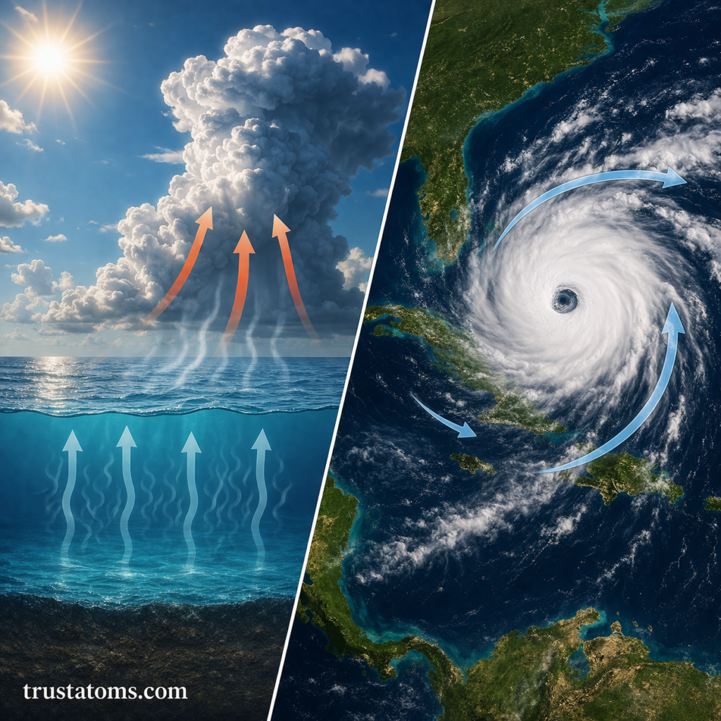 Split illustration showing warm ocean water causing rising air on one side and a rotating hurricane system forming over the ocean on the other.