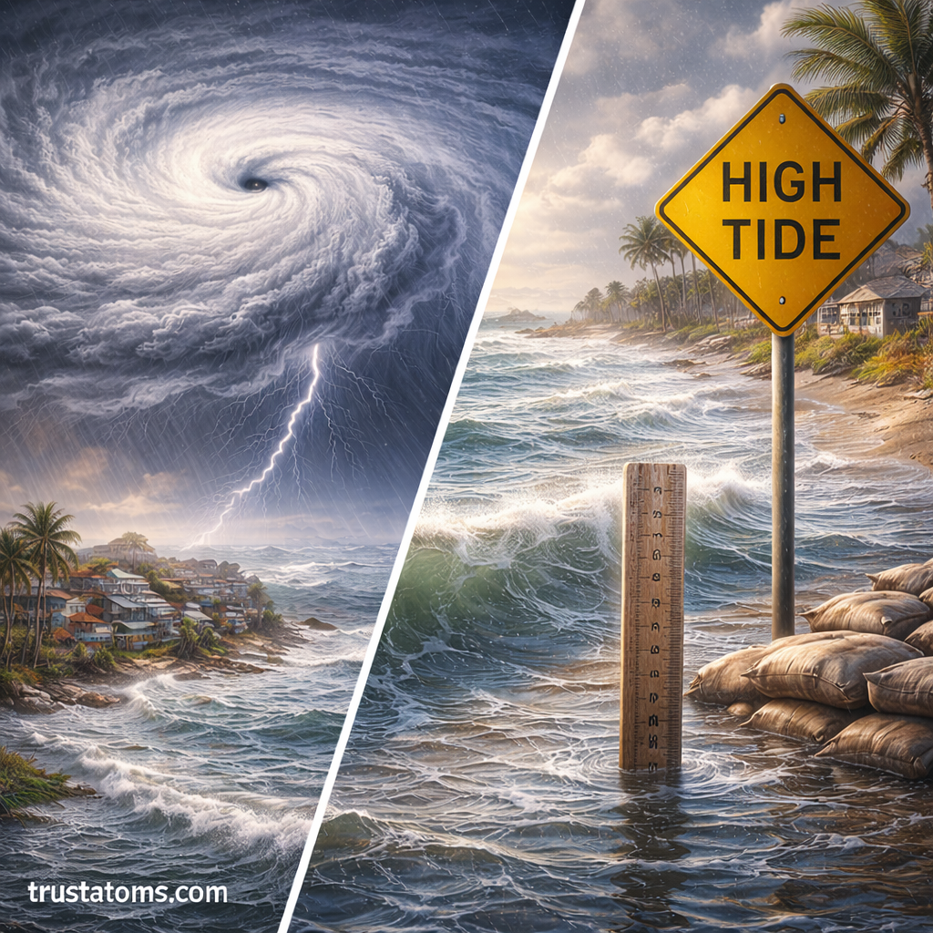 Split illustration showing a hurricane-driven storm surge on one side and high tide coastal flooding with rising sea levels on the other.