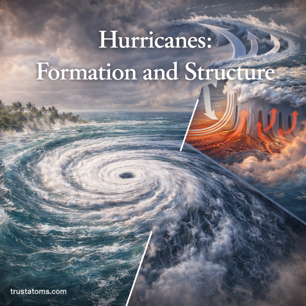 Illustration showing hurricane formation and structure with eye, spiral rainbands, and ocean-driven storm system.