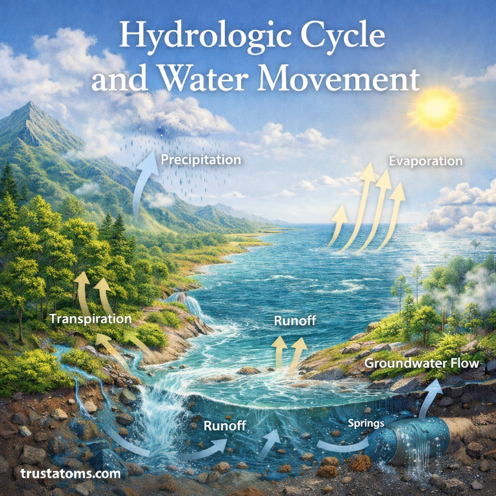 Illustration of the hydrologic cycle showing precipitation, evaporation, transpiration, runoff, and groundwater flow in a natural landscape.