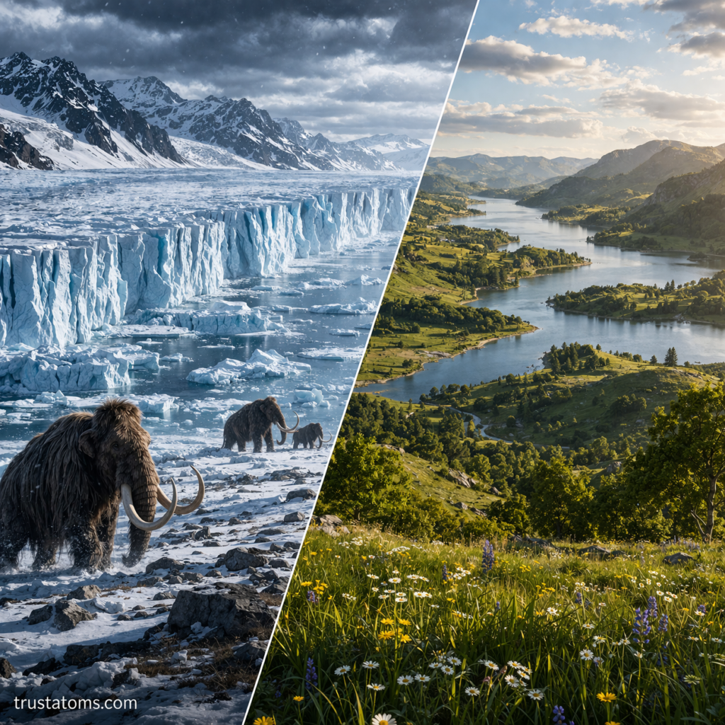 Split illustration showing glacial ice age conditions with large ice sheets contrasted with a warm interglacial landscape of green valleys and rivers.