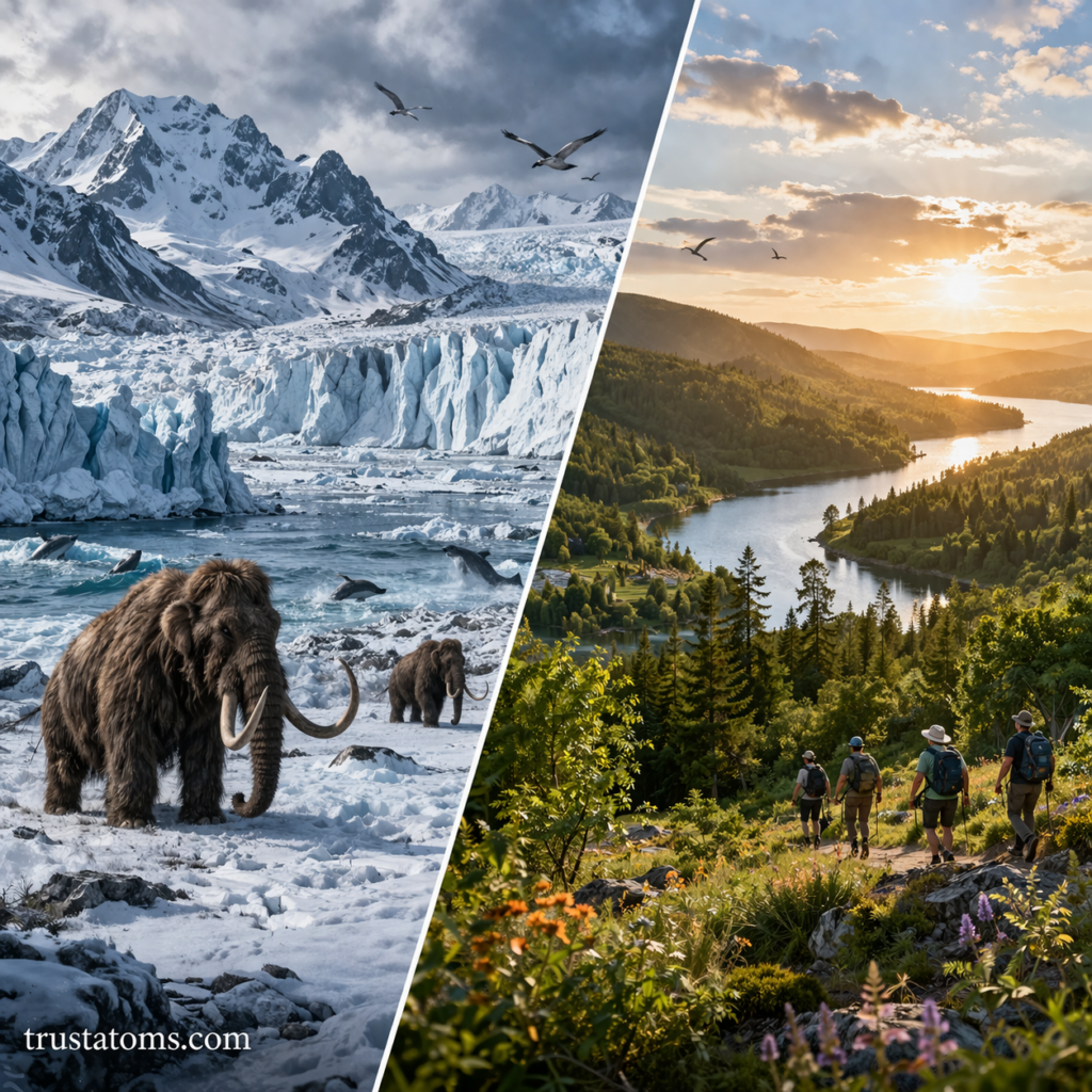 Split illustration showing an ice age environment with glaciers and prehistoric animals on one side and a warm forested landscape with people on the other.