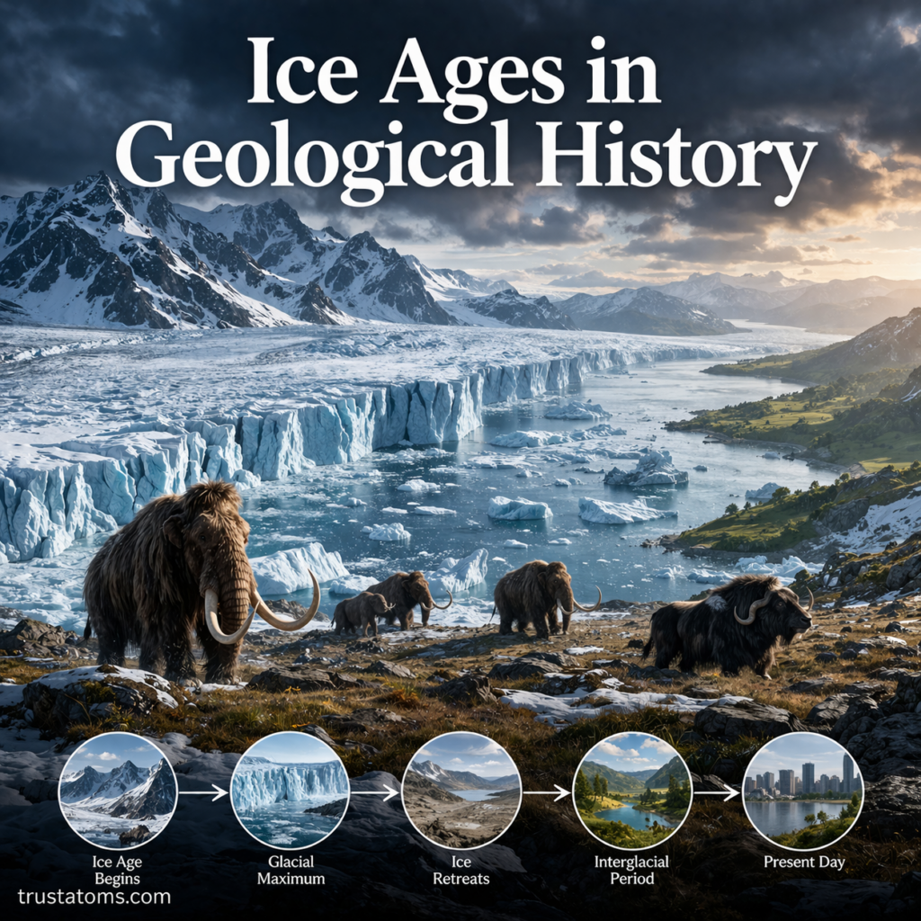 Illustration of an ice age landscape with large glaciers, cold environments, and prehistoric animals representing Earth’s glacial periods.