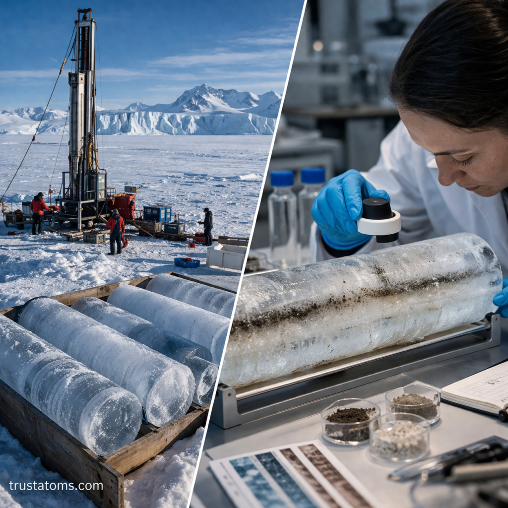 Split illustration showing ice core drilling in a polar environment contrasted with laboratory analysis of ice samples.