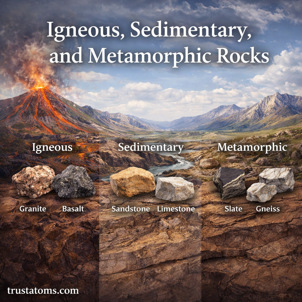 Illustration showing igneous, sedimentary, and metamorphic rocks with examples like granite, sandstone, and gneiss.