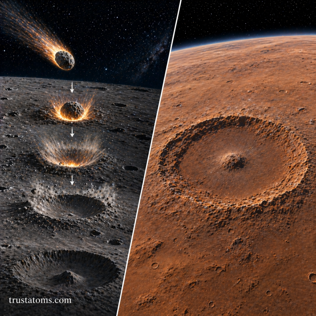 Split illustration showing stages of an asteroid impact forming a crater and a large crater on a planetary surface.