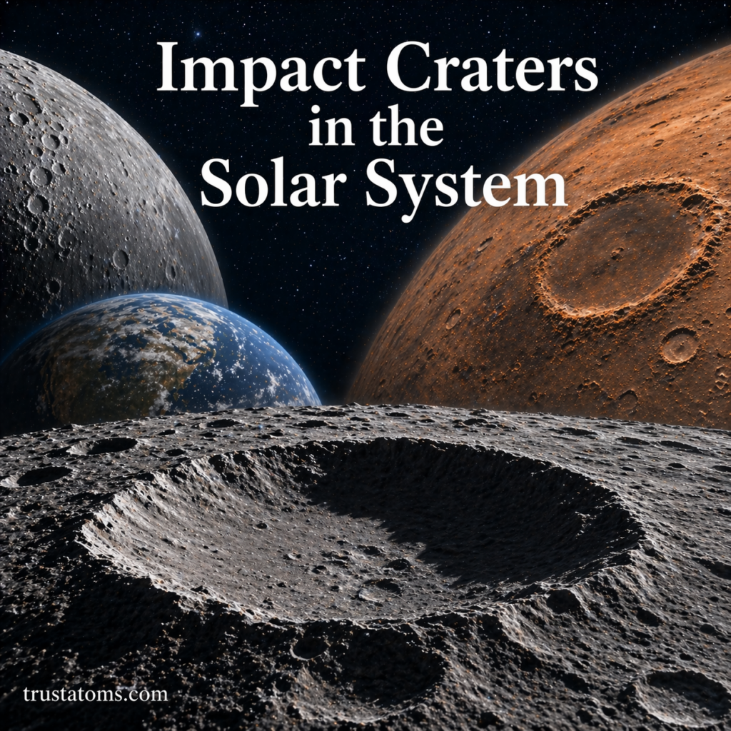 Illustration of large impact craters on planetary surfaces including the Moon and Mars.
