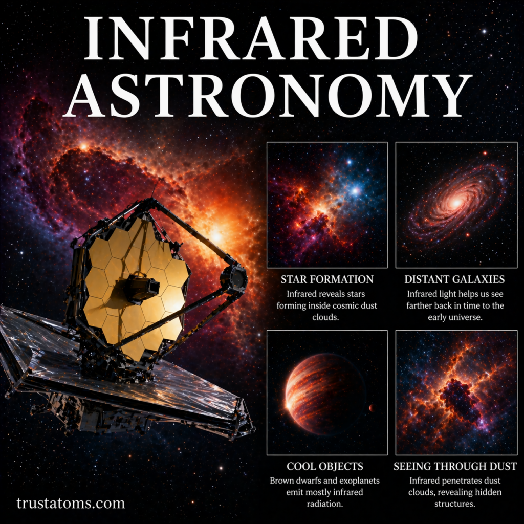 Illustration of an infrared space telescope observing star formation, galaxies, and cosmic dust in space.