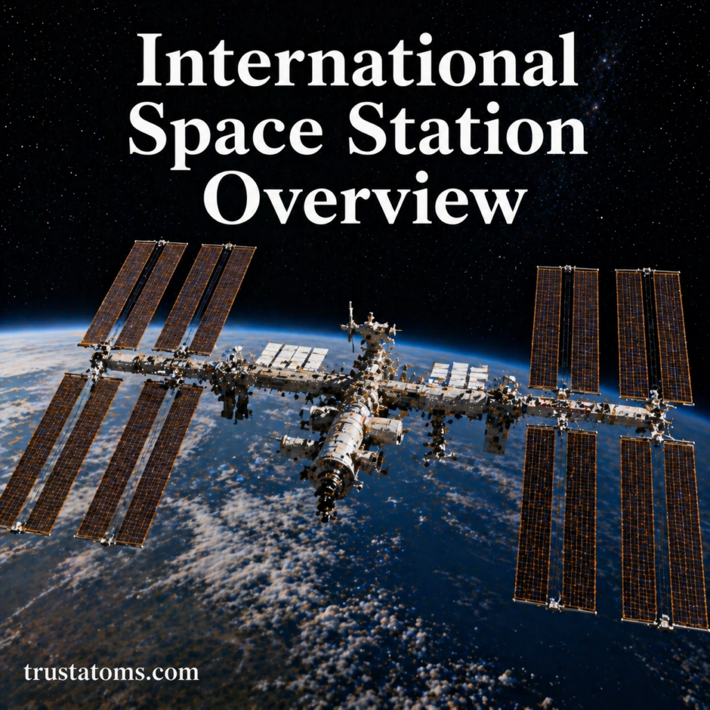 Illustration of the International Space Station orbiting Earth with solar panels extended and the planet visible below.
