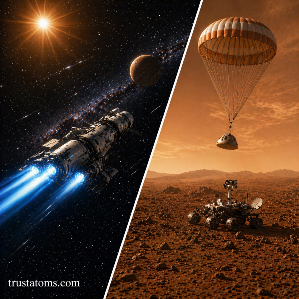 Split illustration showing a spacecraft traveling through deep space and a Mars landing with parachute and rover.