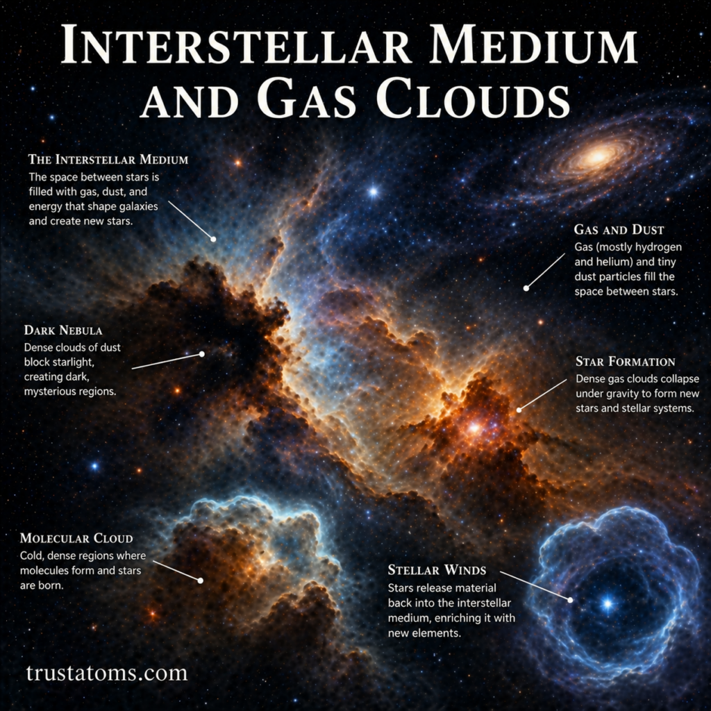 Illustration of the interstellar medium showing gas clouds, nebulae, and regions of star formation in space.