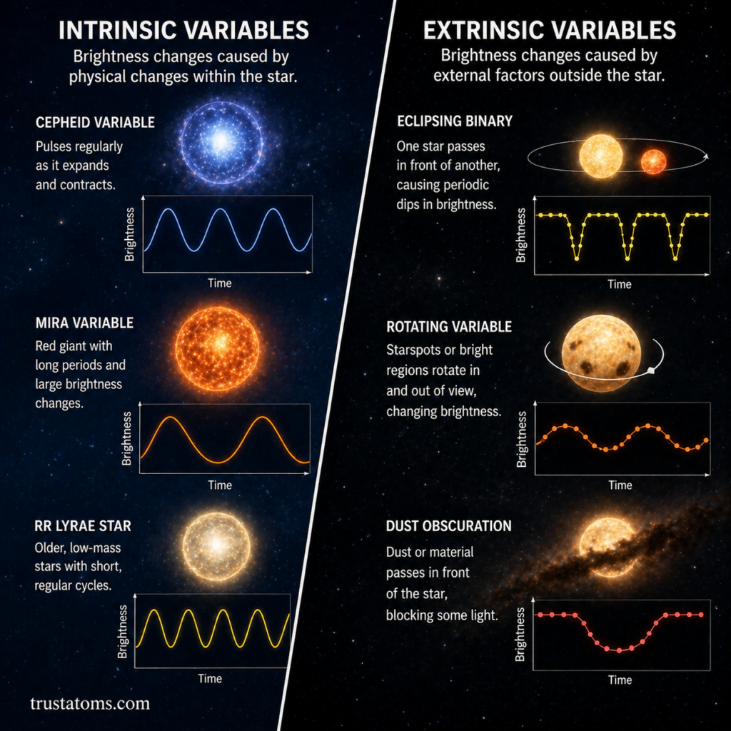 Diagram comparing intrinsic and extrinsic variable stars with examples like Cepheid, Mira, eclipsing binary, and rotating stars.