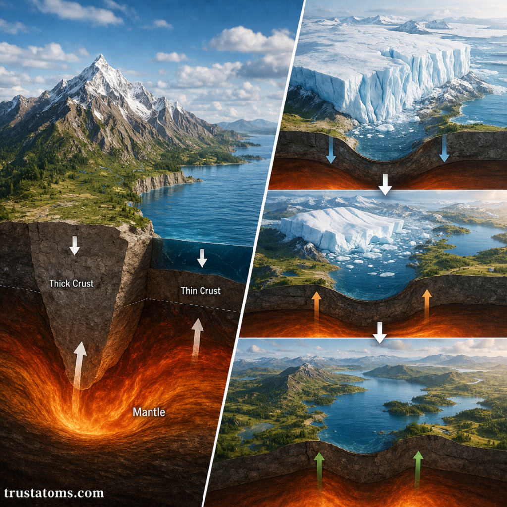 Split illustration showing isostasy with crust thickness differences on one side and glacial rebound stages with land rising after ice melt on the other.