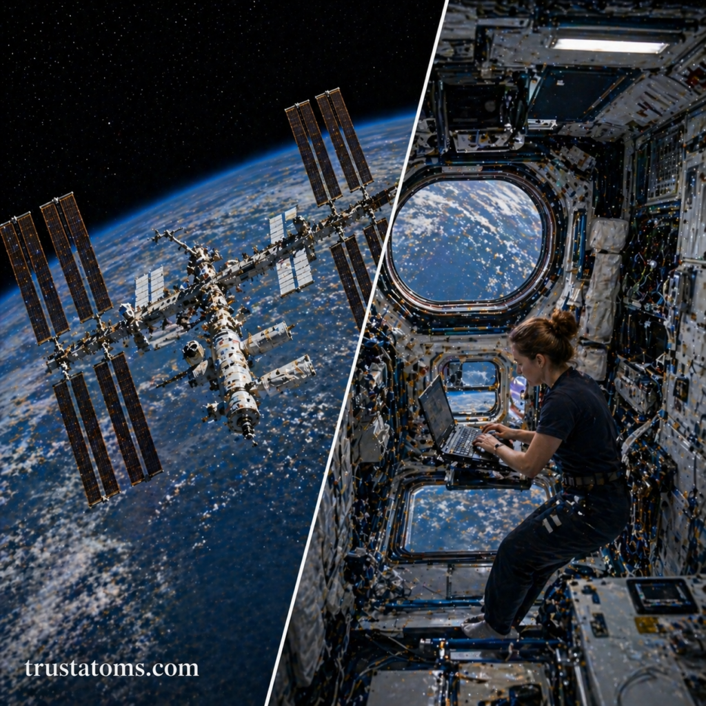 Split illustration showing the exterior of the International Space Station orbiting Earth and the interior with an astronaut working inside.