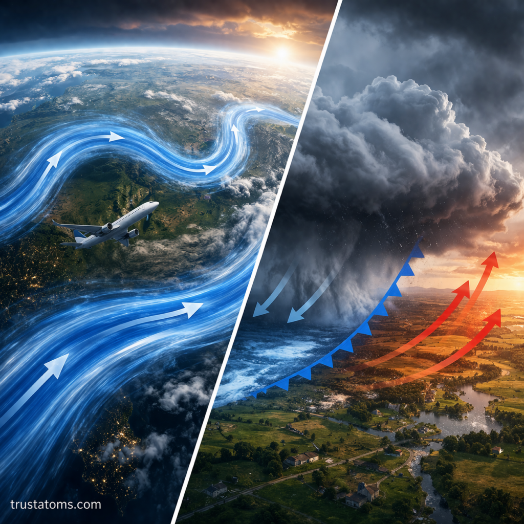 Split-view illustration showing jet stream airflow in the upper atmosphere and a weather front with rising warm air and sinking cold air below.