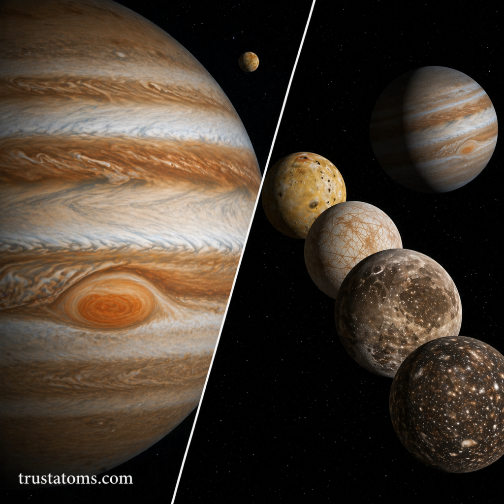 Split illustration showing Jupiter’s atmosphere with the Great Red Spot and its major moons including Io, Europa, Ganymede, and Callisto.