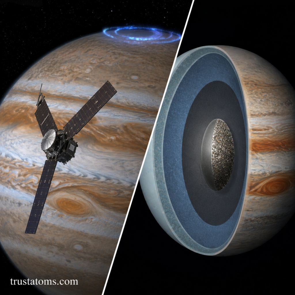 Split illustration showing Juno spacecraft orbiting Jupiter and a cutaway view of Jupiter’s internal layers and core.