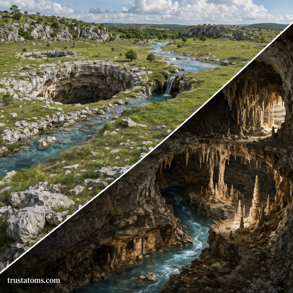 Split-view diagram of karst landscape showing surface sinkhole and underground cave system with flowing water.