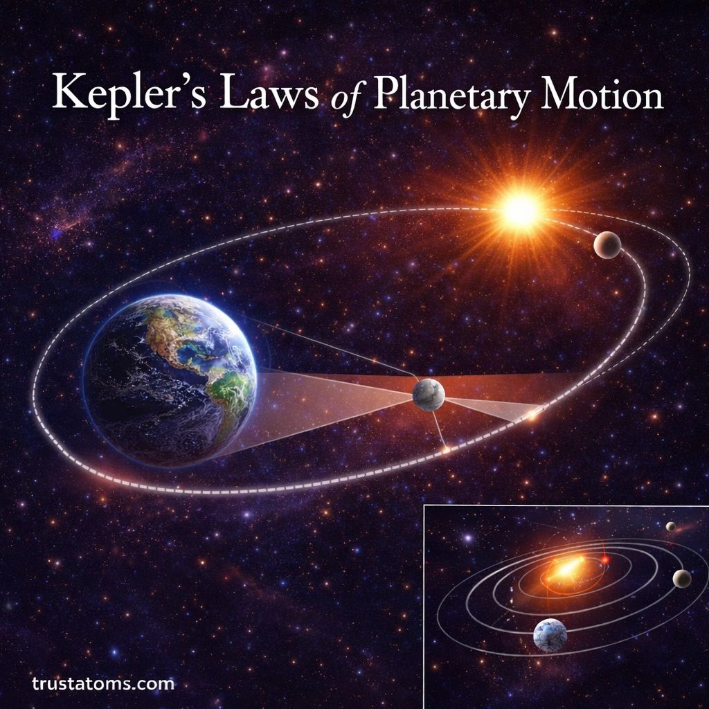 Illustration of Kepler’s Laws of Planetary Motion showing an elliptical orbit with a planet moving around the Sun.