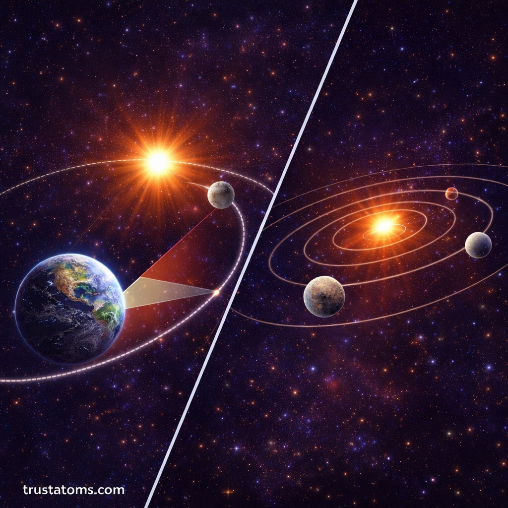 Split illustration showing a planet moving faster near the Sun and slower farther away, alongside planets at different orbital distances.