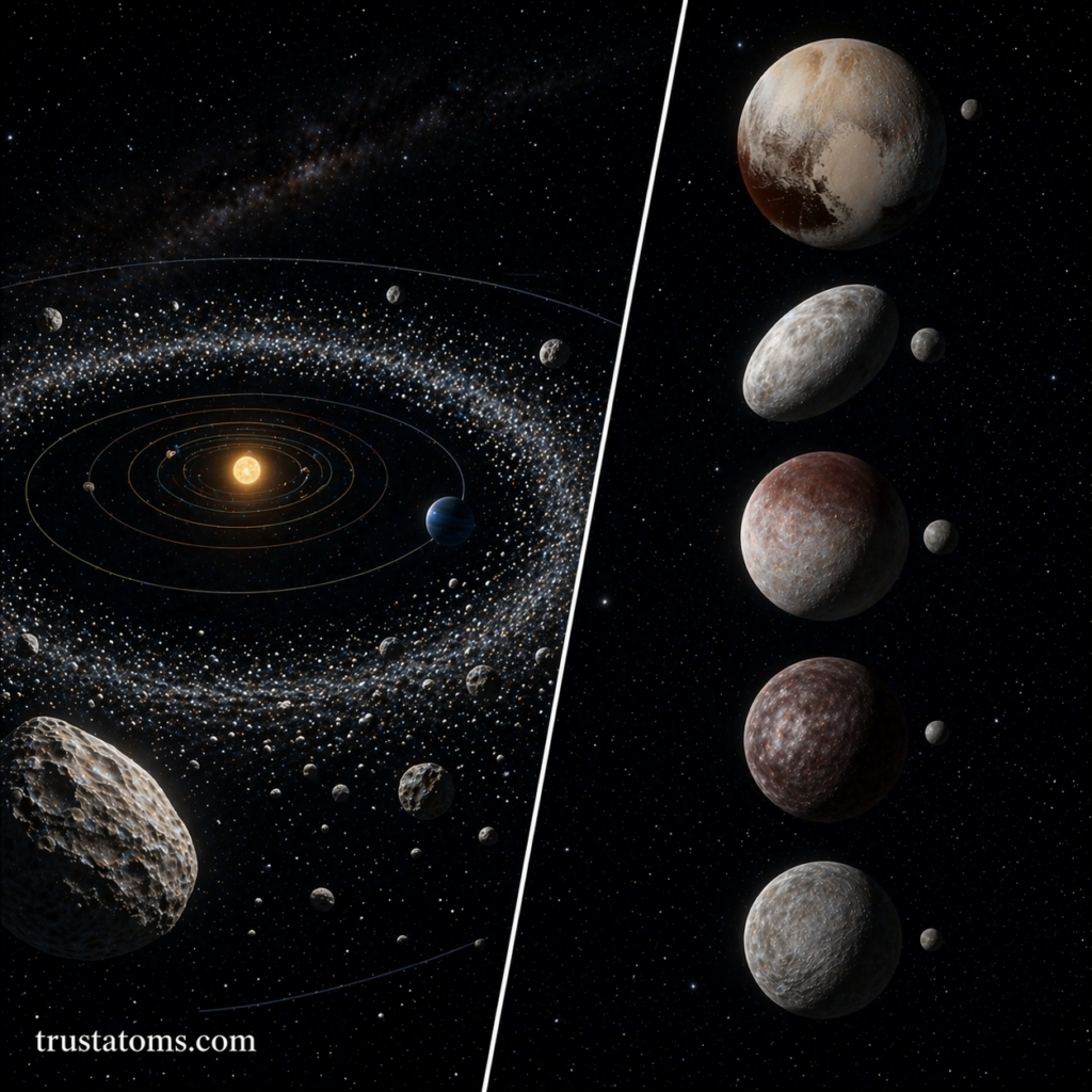 Split illustration showing the Kuiper Belt’s location beyond Neptune and a variety of Kuiper Belt Objects including dwarf planets.