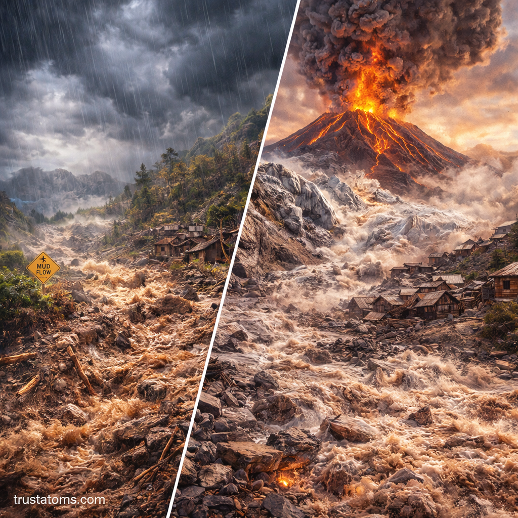 Split illustration showing two types of lahar formation including rainfall-triggered mudflow and glacier melt causing volcanic mudflow.