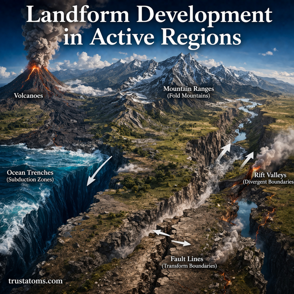 Illustration showing landform development in active regions with volcanoes, mountain ranges, trenches, and fault lines.