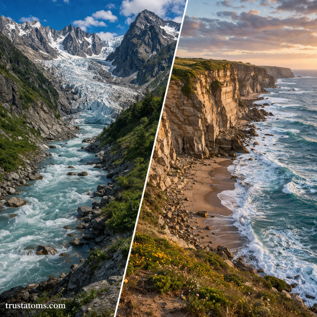 Split illustration showing glacial mountain erosion on one side and coastal cliff erosion by ocean waves on the other.