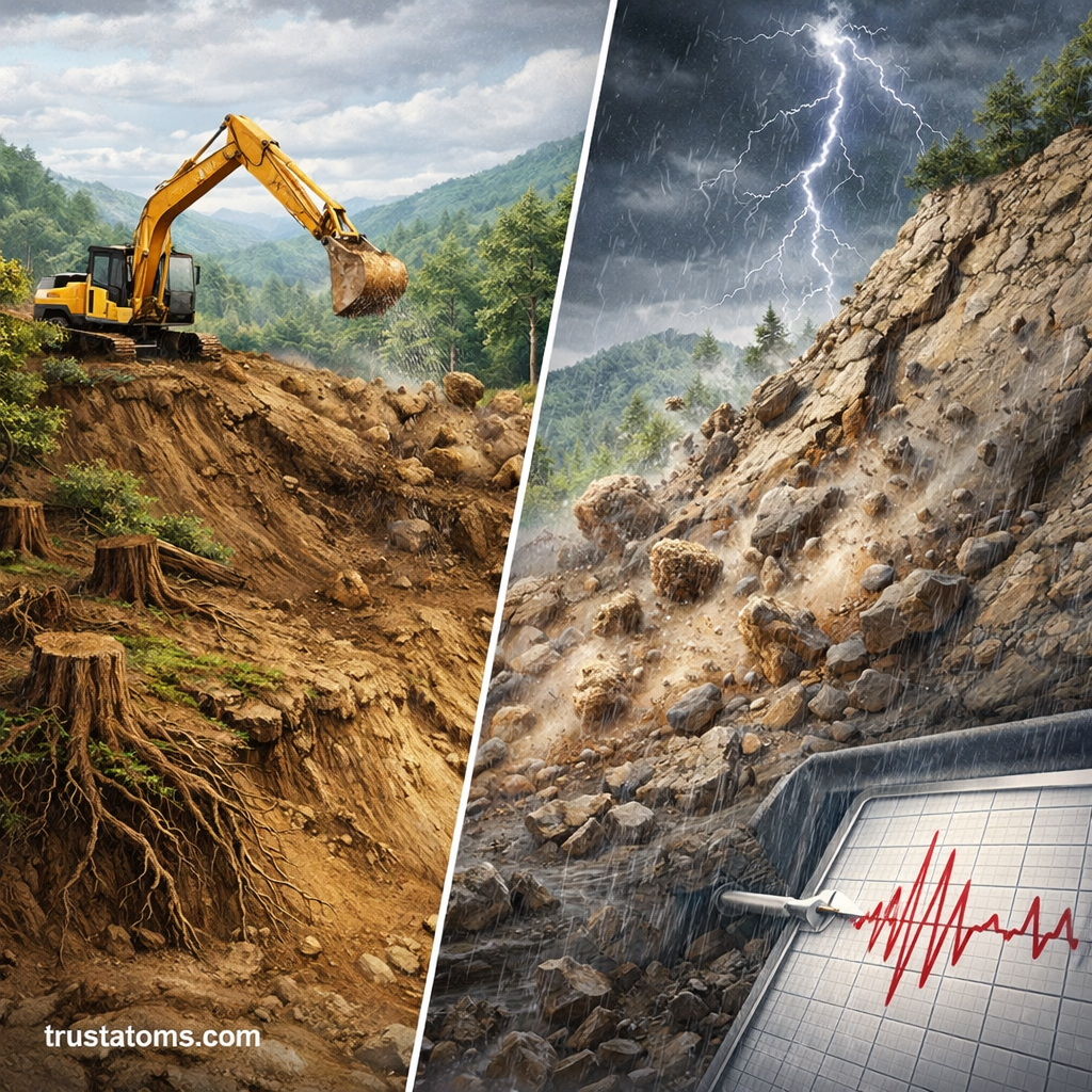 Split illustration showing human and natural causes of landslides, including deforestation and excavation on one side and heavy rain with slope failure on the other.